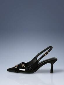 CUCCOO GRLICON 黑色漆皮尖頭高跟鞋 雙金扣後綁帶細跟slingback女鞋 - 黑色 - 查看 2