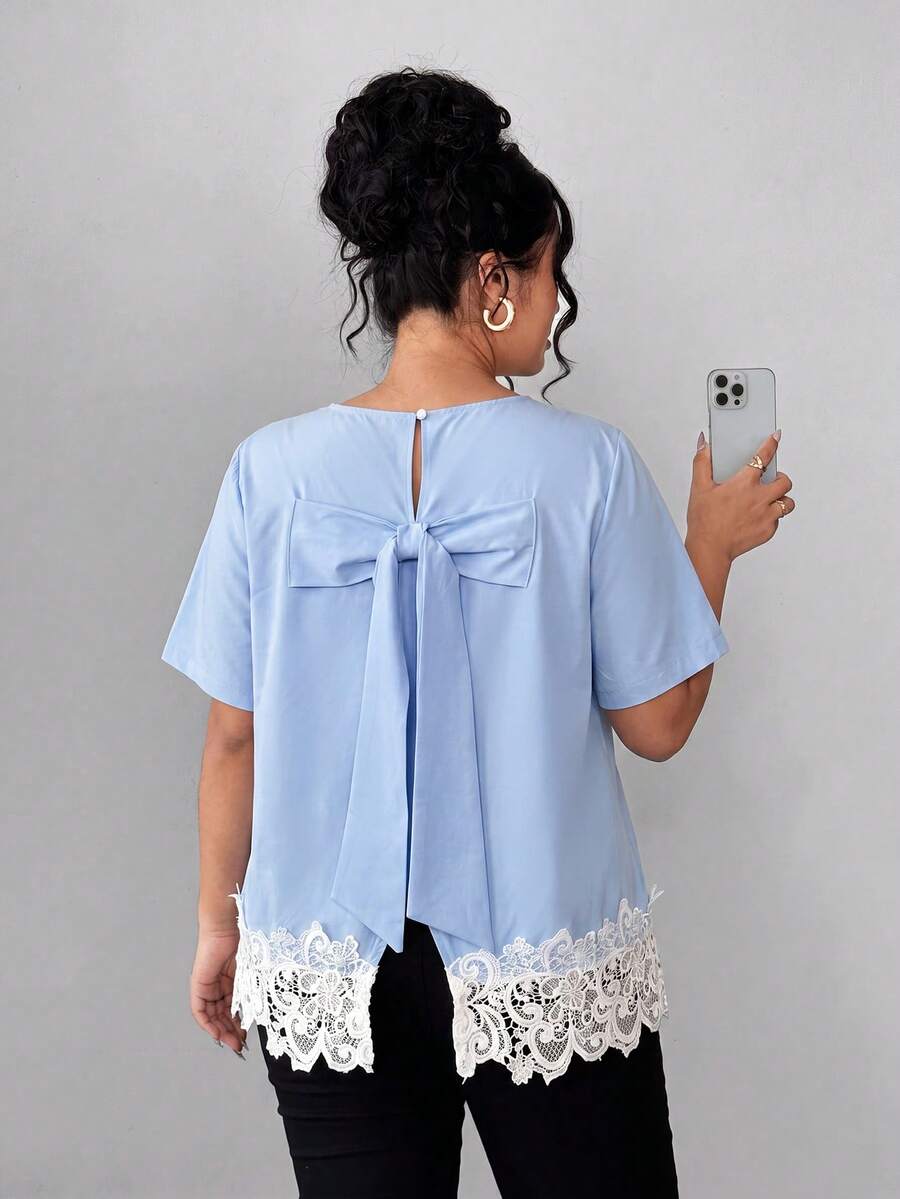 SHEIN Clasi Plus Size Women's Light Blue Lace Patchwork Short Sleeve T ...