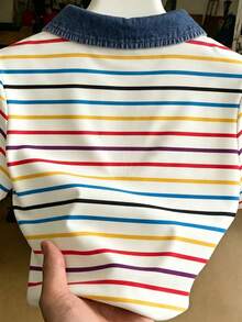 Franclia 女款彩色條紋對比領檸檬刺繡修身短袖 Polo 上衣 - 彩色 - 查看 2