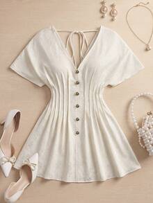 Franclia Plus Size French Chic Elegant Minimalist Fashion Slimming Waist V-Neck Dress - Apricot - View 1