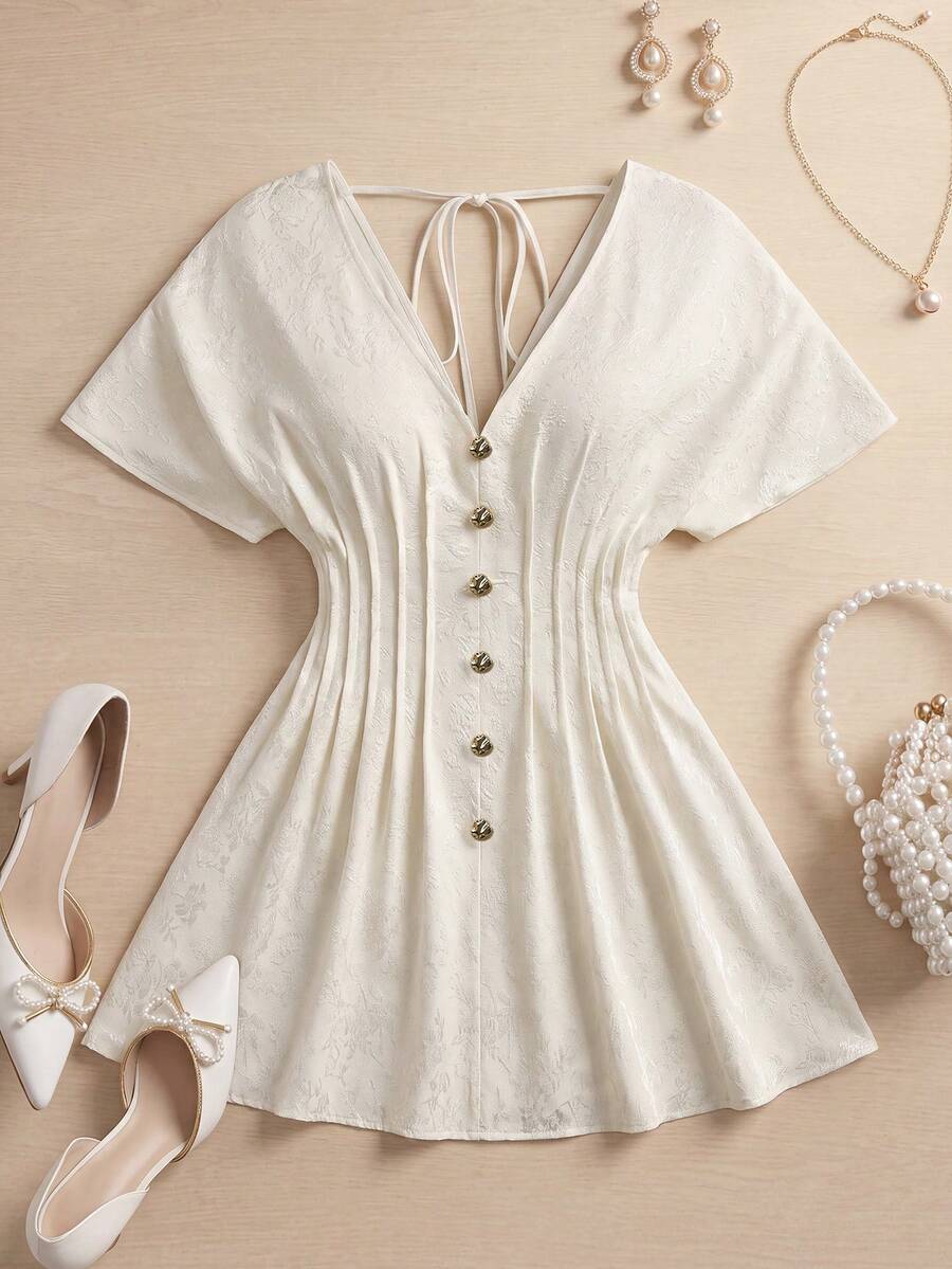 Franclia Plus Size French Chic Elegant Minimalist Fashion Slimming Waist V-Neck Dress - Apricot - View 1
