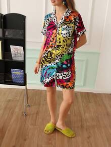 Chillnights Young Contrast Color Leopard Zebra Print Leopard Pattern Lapel Open Front Satin Women's Nightgown - Multicolor - View 4