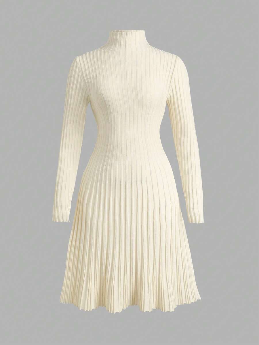 SHEIN Teen Girls Sweater Dresses Autumn/Winter New Casual Elegant Apricot Ribbed Texture Mock Neck A-Line Knit Dress - Apricot - View 1