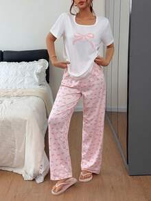 Dream Adore Pink Bow Print Short Sleeve & Long Pants Pajama Set, 2 Pieces - Multicolor - View 4
