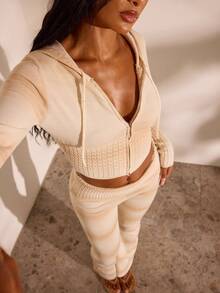 Opulessa Women's Long Sleeve Zipper Front Drawstring Hooded Knit Cardigan - Apricot - View 1
