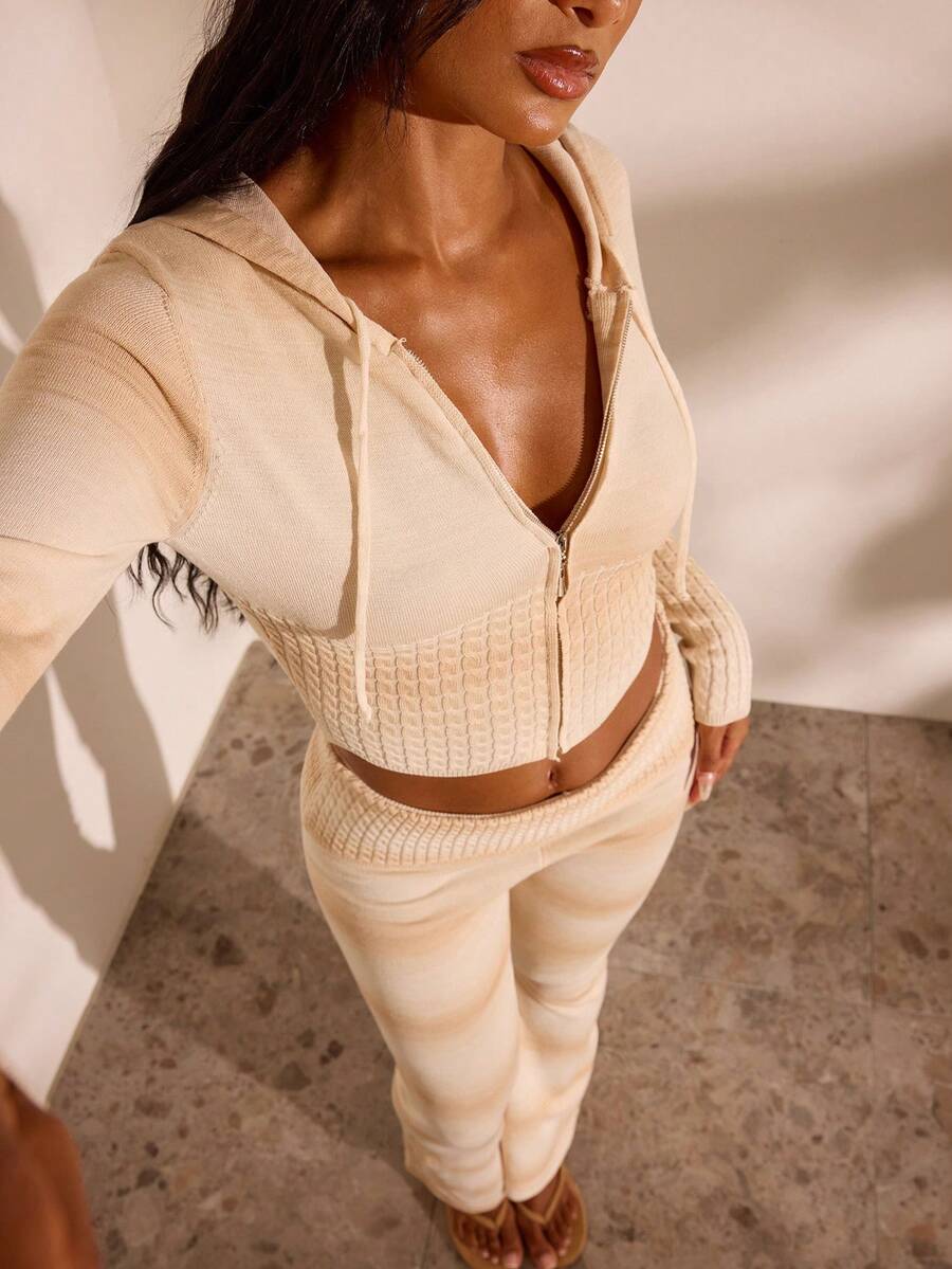 Opulessa Women's Long Sleeve Zipper Front Drawstring Hooded Knit Cardigan - Apricot - View 1