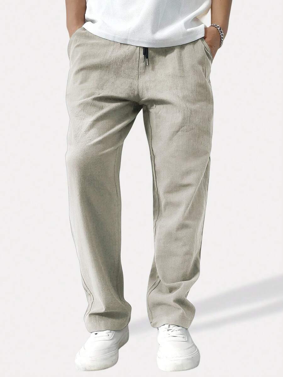 Chillumni Pantalones rectos de cintura con cordón, unicolor, holgados, para otoño - Gris Claro - Ver 1