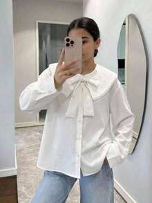 SHEIN 兒童青少年女孩春秋彼得潘領 3D 蝴蝶結長袖寬鬆白色襯衫上衣 百搭清新學院風小眾法式荷葉邊開學校服童裝秋冬套裝 - 白色 - 查看 8