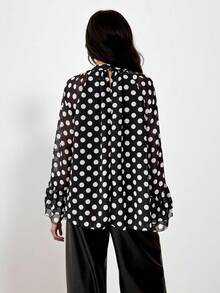 SHEIN PETITE Women's Black And White Polka Dot Blouse With Wide Ruffled Sleeves Lace Details - Elegant Retro Long Sleeve Top For Autumn Business Casual Wear Office - Black and White - View 4