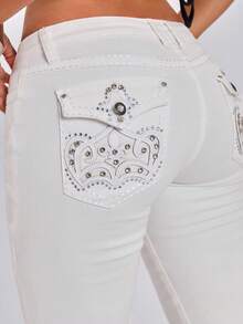 ROMWE Grunge Punk Summer Outfits Vintage Embroidered Rhinestone Sexy Y2K Ultra Low Waist White Tight Denim Shorts - White - View 6
