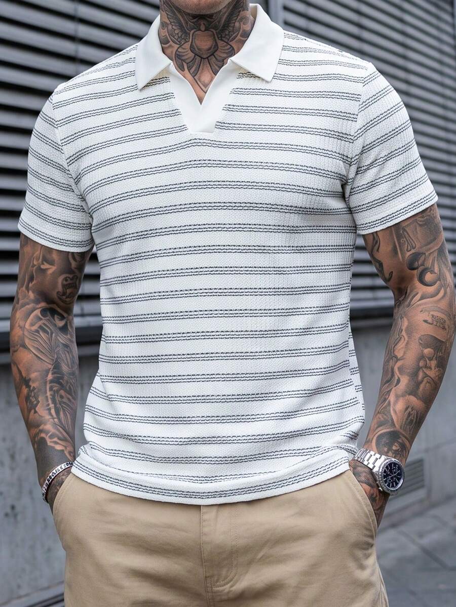 Manfinity CasualCool 男士條紋拼色休閒通勤短袖 Polo 衫 - 白色 - 查看 1