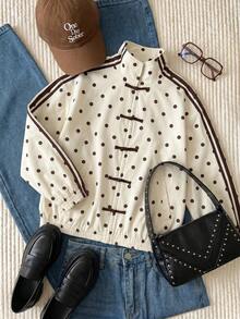 Comfortcana Plus Size Colorblock Striped Polka Dot Print Sweatshirt Fall - Apricot - View 10