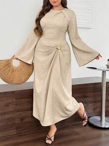 SHEIN LUNE Plus Size Casual Elegant Traditional Bell Sleeve Metal Decor Dress Autumn Formal Evening Tea Party Cocktail Wedding Guest Beige - Apricot - View 5