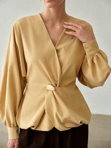 MOTF PREMIUM WOMEN'S SPRING/AUTUMN FASHION COMMUTER SURPLICE NECK LANTERN SLEEVE BUBBLE PEPLUM HEM TOP OFFICE CREAM ELEGANT - Apricot - View 2