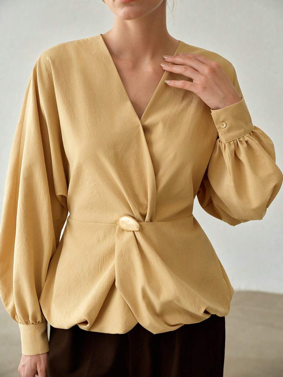 MOTF PREMIUM WOMEN'S SPRING/AUTUMN FASHION COMMUTER SURPLICE NECK LANTERN SLEEVE BUBBLE PEPLUM HEM TOP OFFICE CREAM ELEGANT
