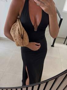 Avenya Vestido ajustado de unicolor con escote halter y espalda descubierta con abertura - Negro - Ver 3