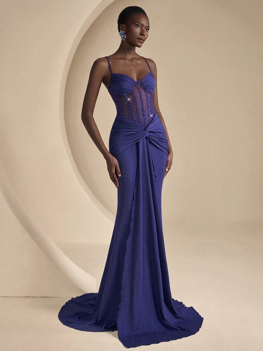 Coutiva Women's Elegant Rhinestone Pleated Ruffle Mermaid Hem Formal Evening Gown - Navy Blue - View 1