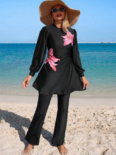 Swim Mulvari Women's Floral Print Long Sleeve Long Pants Casual Burkini Set For Vacation