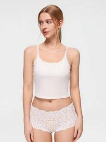 Bonmuse 1pc Lace Patchwork Camisole Top With Padded Bust, Fitted Sleeveless Cropped Ribbed Tank Top, Suitable For All Seasons - White - View 3