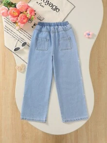 SHEIN 1件女孩休閒牛仔女牛仔風學院風直筒花卉長褲 開學季 嬰兒藍 夏季秋季 - 淺藍色 - 查看 2