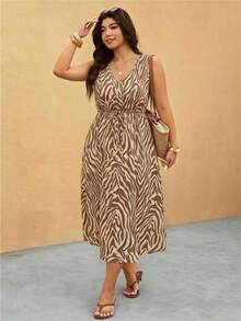 Elaquor Plus Size Vacation Fashion Zebra Print Tie Front V-Neck Dress - Multicolor - View 3