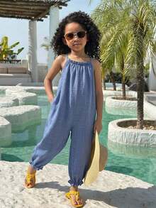 SHEIN [Random 4 Piece, Send 1 Piece]! Surprise Box!!!30% Chance Of Getting 2 Set!!Young Girl Vacation Casual Fashion Ditsy Floral Sleeveless Jumpsuit Young Girl's Vacation Casual Fashionable Ditsy Floral Chiffon Jumpsuit Young Girl Casual Fashionable Spaghetti Strap Blue Jumpsuit Squishy Summer Summer Clothes Summer Dresses - Green - View 7