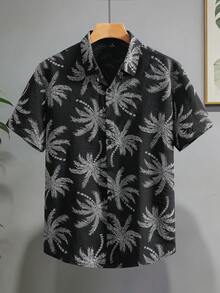 Genlund 男士時尚休閒度假風短袖襯衫，附仿刺繡設計 - 黑色 - 查看 5