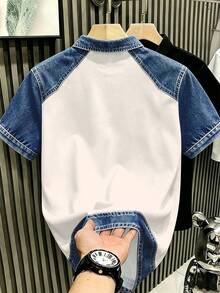 Manfinity Homme 美式復古男士大尺碼仿牛仔磨損拼接色塊 NY 字母印花 Polo 衫，成熟休閒上衣，男女款圖案 T 恤，適合日常通勤夏季休閒襯衫 - 彩色 - 查看 2