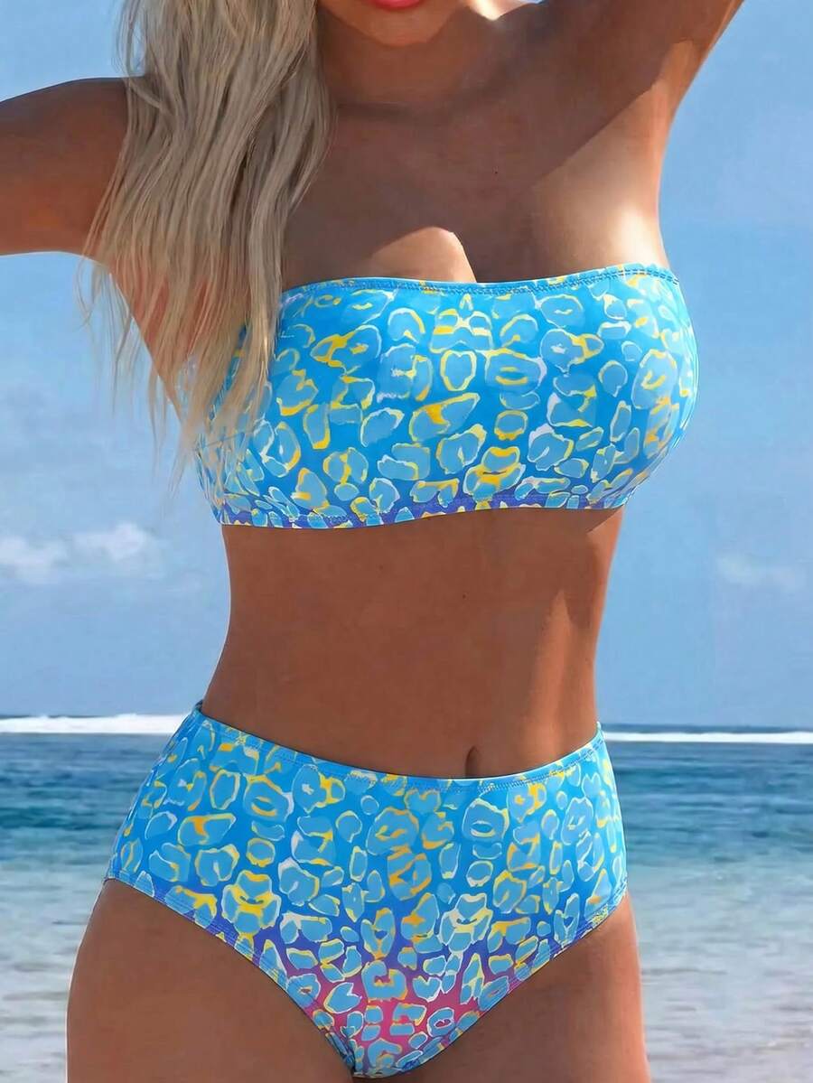 Swim Lushoire Women's Summer Vacation Beach Sexy Colorful Gradient Leopard Print Detachable Spaghetti Strap Bandeau High Waist Bikini Set - Multicolor - View 1
