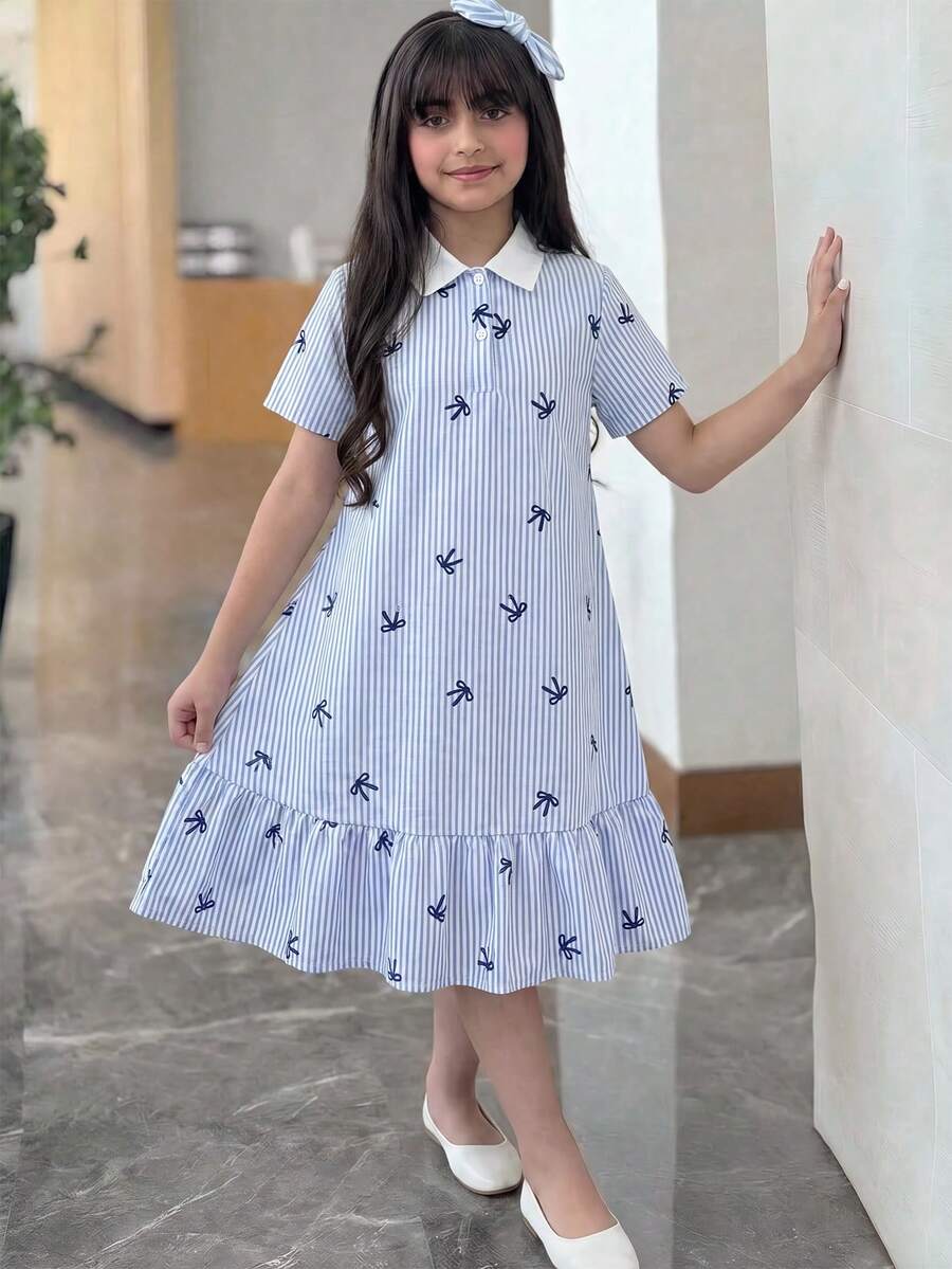 Đầm bé gái tween phong cách thường ngày thoải mái, cổ đứng, phối màu colorblock, gân tăm, màu trơn, họa tiết nơ, đầm công chúa đi học, phù hợp tiệc tốt nghiệp, tiệc sinh nhật, Y2K, thời trang đường phố cá tính, ngọt ngào cool girl cho trẻ em - Màu xanh lam - Xem 1
