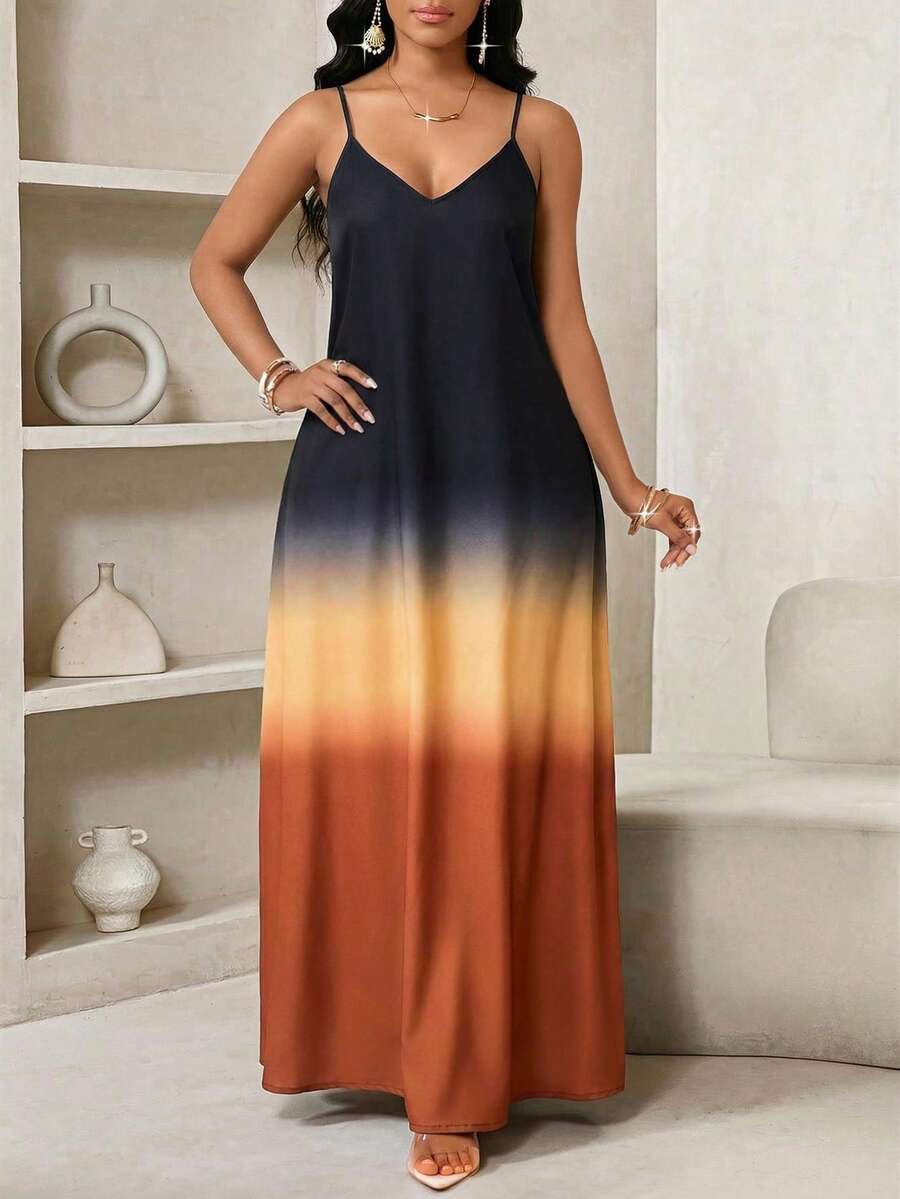 SHEIN Lady 女士渐变色休闲派对长款吊带连衣裙 - 彩色 - 查看 1