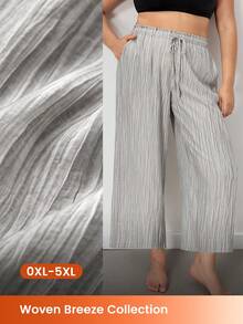 LUVLETTE Große Größen Sommer Natürlich Gemütlich Graue Weite Hose - Strukturierter Stoff & Kordelzug Taille Frische Leichte Lounge Hose Lässige Weite Beine - Grau - Übersicht 2