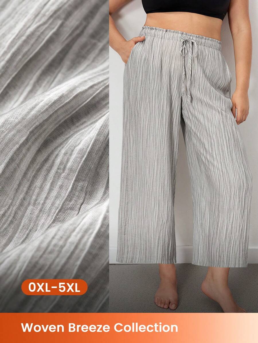 LUVLETTE Große Größen Sommer Natürlich Gemütlich Graue Weite Hose - Strukturierter Stoff & Kordelzug Taille Frische Leichte Lounge Hose Lässige Weite Beine