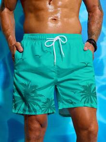 Manfinity KASUA Men's Vacation Drawstring Waist Palm Tree Print Beach Shorts - Mint Blue - View 1