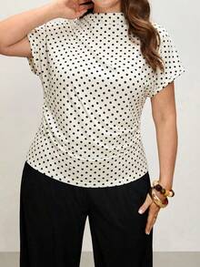 Comfylo Plus Size Women Polka Dot Print Batwing Sleeve Pleated Fitted T-Shirt - Multicolor - View 3