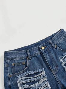 ROMWE Grunge Punk 女款演唱會穿搭不對稱破洞低腰迷你牛仔短褲 - 中等水洗藍 - 查看 4