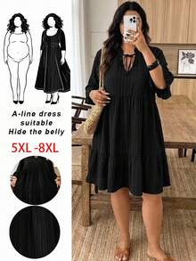 SHEIN CURVE+ 夏季度假休閒純色大尺碼洋裝 - 黑色 - 查看 9