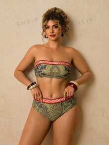 Travachic Conjunto de traje de baño tankini con estampado geométrico & de plantas tropicales para tallas grandes - Multicolor - Ver 4