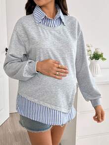 SHEIN Maternity Minimalist 1960s Casual Versatile Striped Patchwork 2 In 1 Sweatshirt Baby Blue Autumn All-Match Cute Chic Going Out Winter - Light Grey - View 6