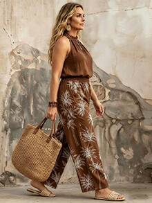SHEIN LUNE CURVE Plus Size Women's Summer Casual Tropical Vacation Set: Sleeveless Solid Color Halter Top And High Waist Wide Leg Printed Pants Two Pieces Set Brown - Brown - View 5