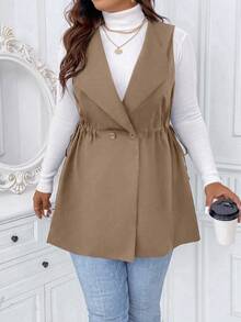Elenzga Plus Size Spring/Autumn Casual Solid Color Sleeveless Jacket - Coffee Brown - View 4