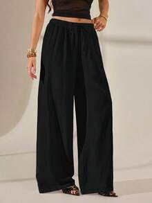 SHEIN Tall 2026女款春夏度假系列新款黑色100%純棉寬鬆抽繩長褲，適合居家休閒、外出、海灘旅行、時尚穿搭、日常穿著、通勤、度假休閒、浪漫場合及日常穿著 - 黑色 - View 9