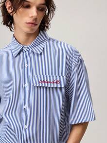 Vaulklash Men's Casual Striped Print Loose Fit Short Sleeve Shirt, Spring And Summer - Blue - View 8