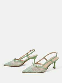 CUCCOO HITCHD French Lace Pointed Toe Slingback High Heels 2026 Spring And Summer New Bow Kitten Heel Sandals Women - Light green - View 4