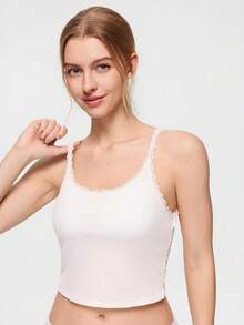 Bonmuse 1pc Lace Patchwork Camisole Top With Padded Bust, Fitted Sleeveless Cropped Ribbed Tank Top, Suitable For All Seasons - White - View 5