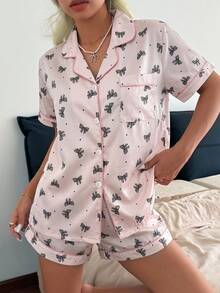 SHEIN 豹紋蝴蝶結與愛心印花翻領睡衣套裝，2件組 - 粉色 - 查看 5