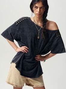 Bohemela Summer/Fall, Casual Black Knit Loose Washed Women's Tee With Studded Detail, Daily Wear, Concert Party & Going Out, Back To School - Black - View 6