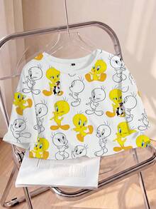 LOONEY TUNES X SHEIN Women's Round Neck Short Sleeve Cropped T-Shirt Holiday Everyday White Summer Casual Cute - White - View 1