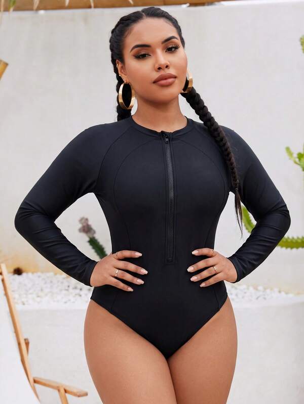 Swim SPRTY Maillot de bain une pièce pour femmes grandes tailles avec fermeture éclair avant, imprimé aléatoire, manches longues, effet amincissant, pour le surf, les sports, la plage, les vacances, la piscine et la natation