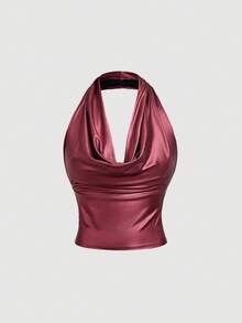 SHEIN MOD 女款優雅純色百搭掛脖上衣，夏季 - 酒紅色 - 查看 5